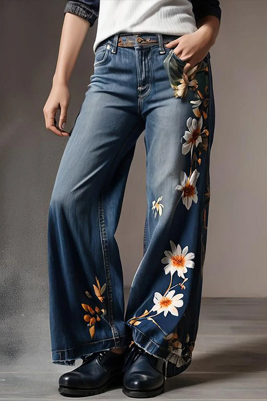 Loose West Style Floral Jeans