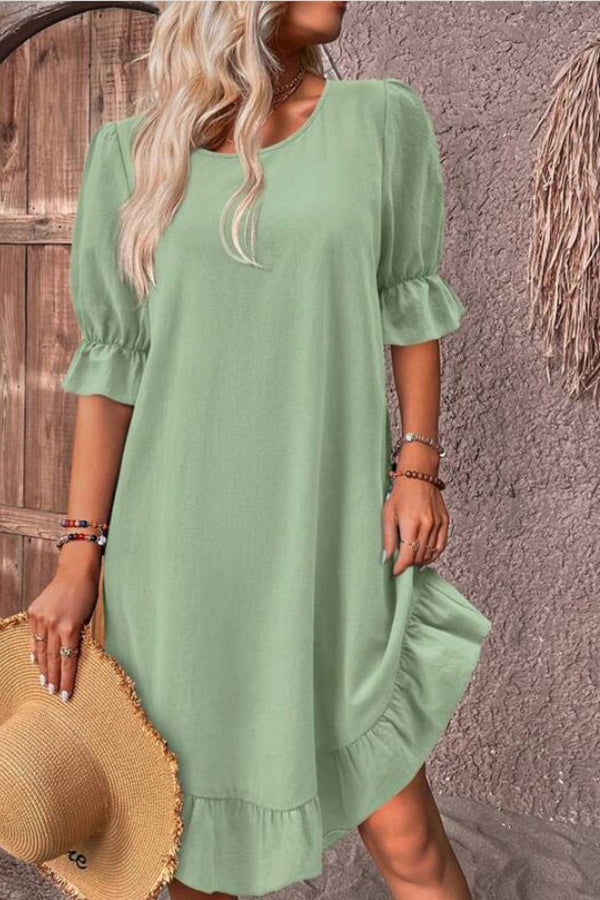 Solid Round Neck Ruffle Hem Linen Dress