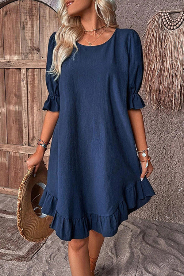 Solid Round Neck Ruffle Hem Linen Dress