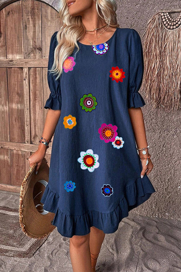 Art Print Round Neck Ruffle Hem Linen Dress