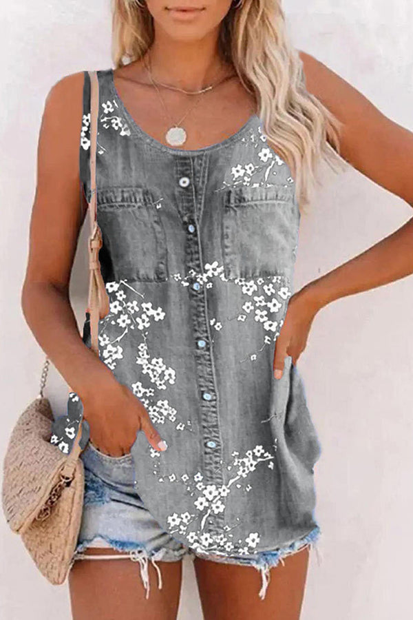 Plum Print Denim Vest