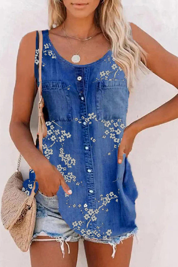 Plum Print Denim Vest