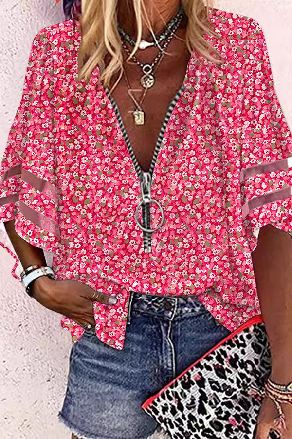 Floral Burst Zip-Up T-Shirt