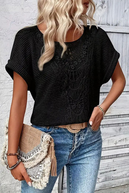 Chic Lace-Trimmed Crew Neck T-Shirt