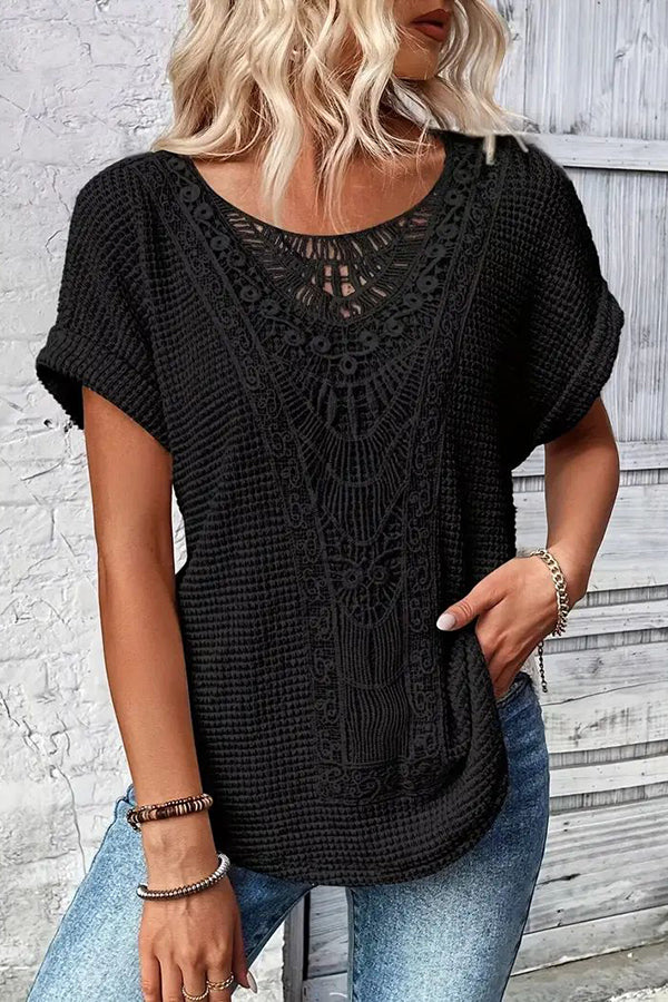 Chic Lace-Trimmed Crew Neck T-Shirt