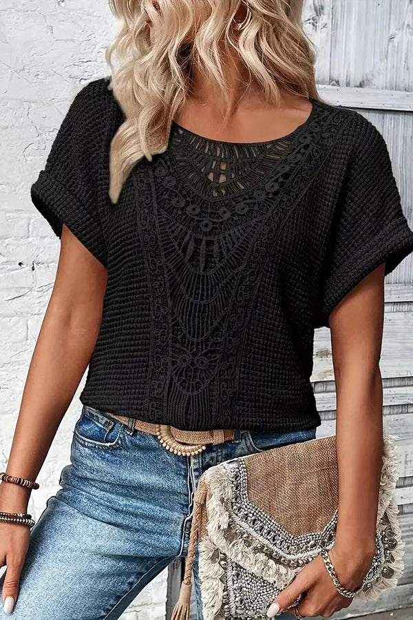 Chic Lace-Trimmed Crew Neck T-Shirt