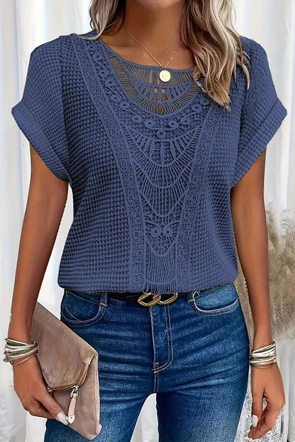 Chic Lace-Trimmed Crew Neck T-Shirt