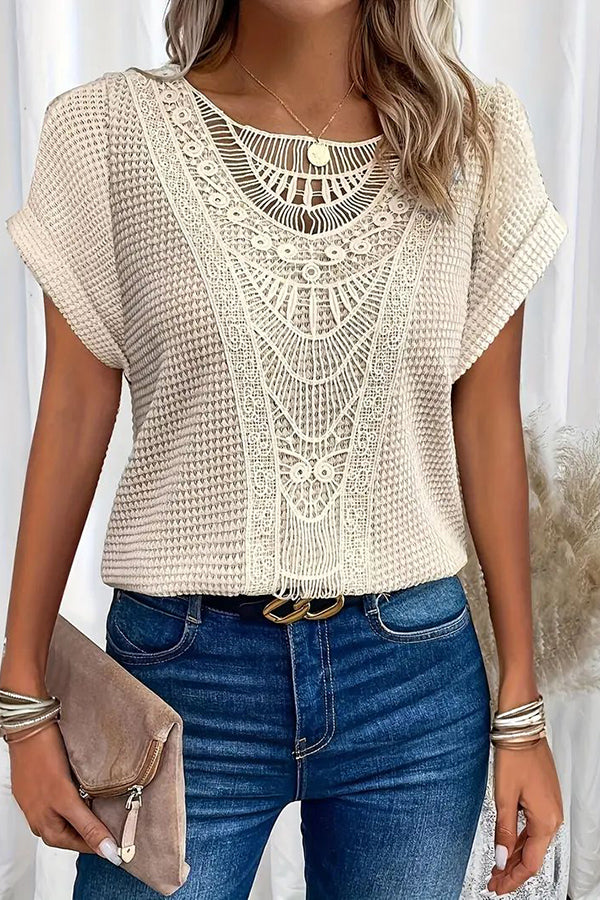 Chic Lace-Trimmed Crew Neck T-Shirt