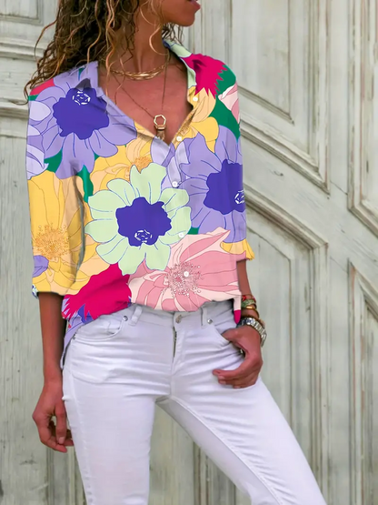 Chic Floral Print Button-Up Shirt - Long Sleeve