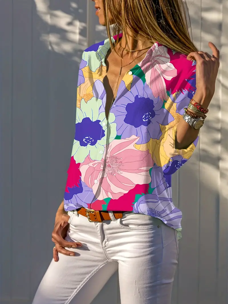 Chic Floral Print Button-Up Shirt - Long Sleeve