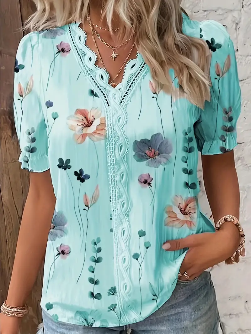 Boho Summer Elegance: Floral Lace Trim V-Neck Blouse with Puff Sleeves