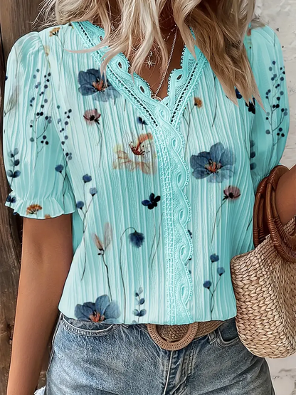 Boho Summer Elegance: Floral Lace Trim V-Neck Blouse with Puff Sleeves