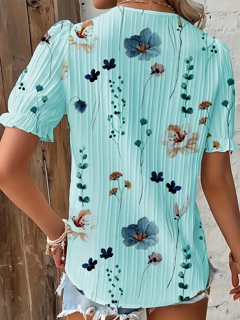 Boho Summer Elegance: Floral Lace Trim V-Neck Blouse with Puff Sleeves