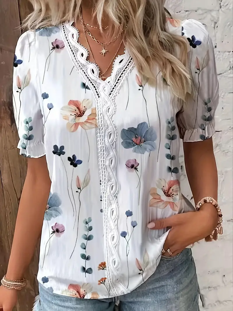 Boho Summer Elegance: Floral Lace Trim V-Neck Blouse with Puff Sleeves