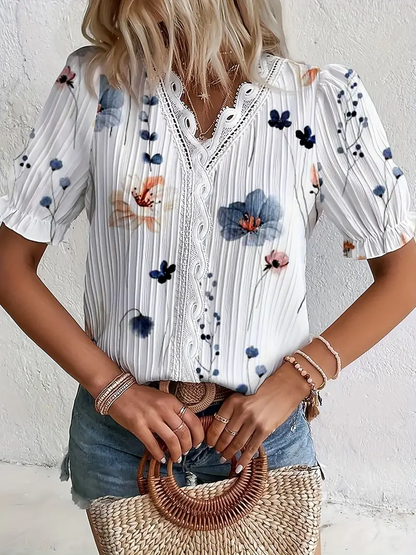 Boho Summer Elegance: Floral Lace Trim V-Neck Blouse with Puff Sleeves