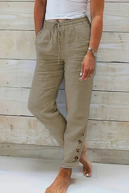 Solid Drawstring Waist Cotton Pants