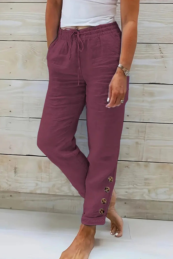 Solid Drawstring Waist Cotton Pants