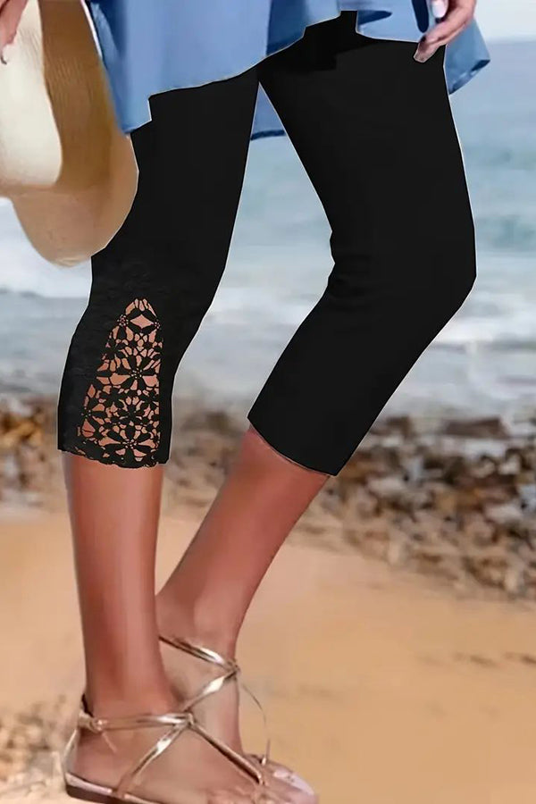 Solid Lace Stitching Capris Leggings