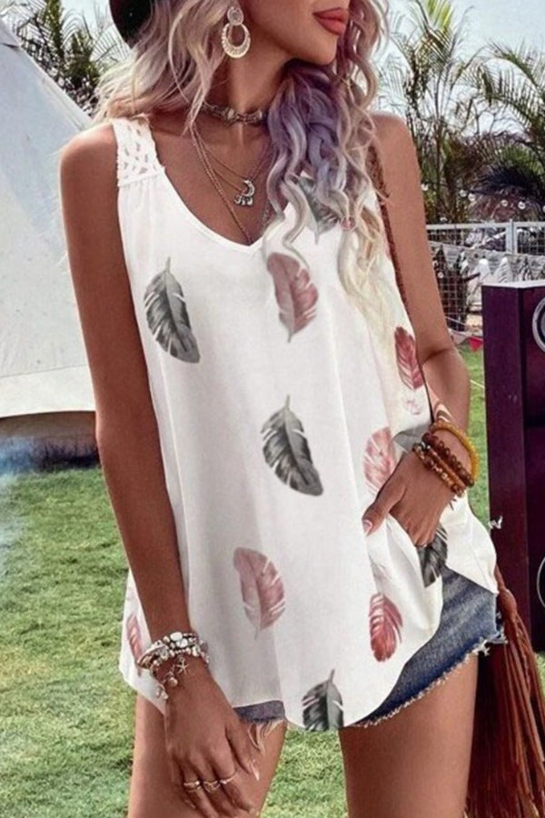 Plus Size Feather Print Cutout Back Tank Top