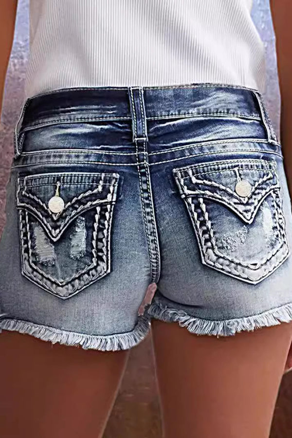 American Flag Embroidery Ripped Denim Shorts