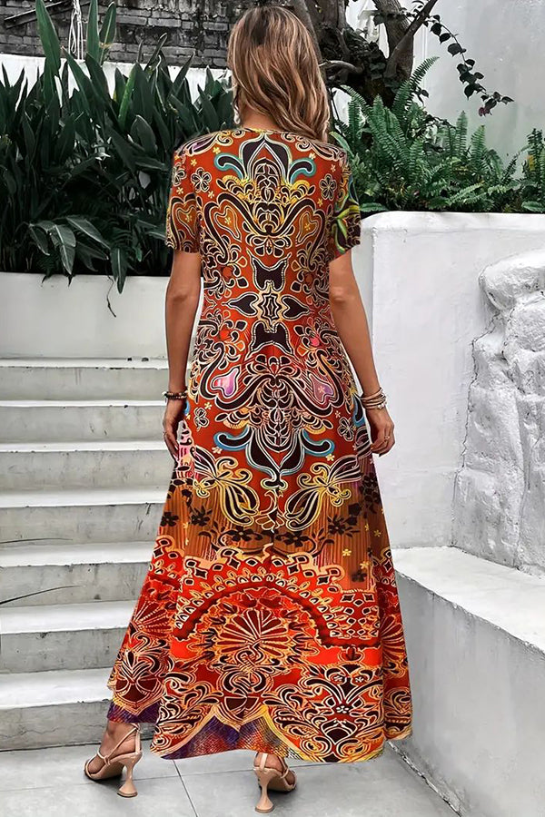 Ethnic Floral Print Dress, Boho V Neck Short Sleeve Maxi Dress