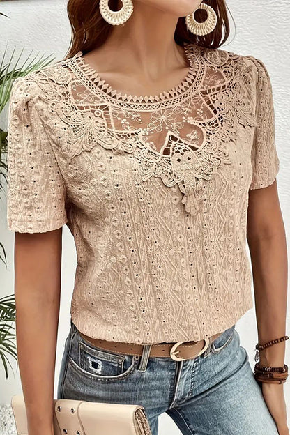 Elegant Lace-Trimmed Crew Neck Blouse for Women