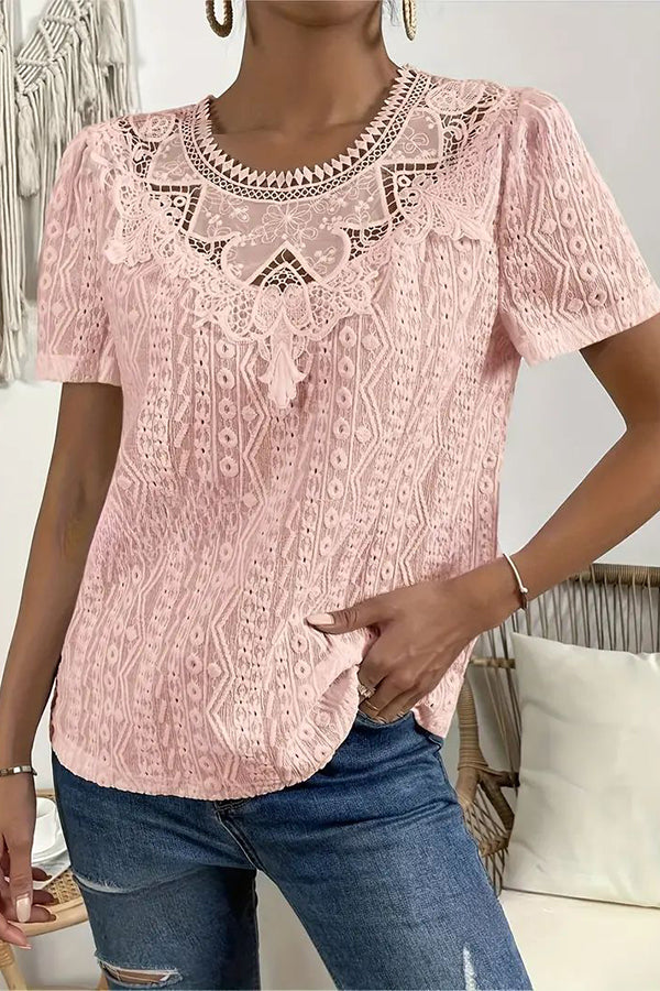 Elegant Lace-Trimmed Crew Neck Blouse for Women