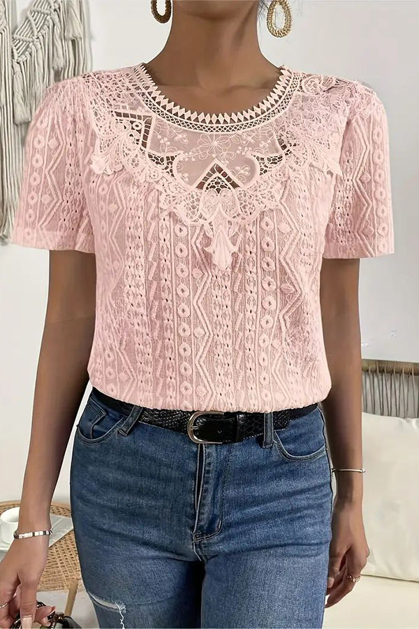 Elegant Lace-Trimmed Crew Neck Blouse for Women