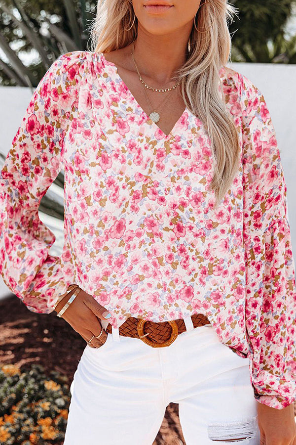 Chic Floral Print V-Neck Blouse