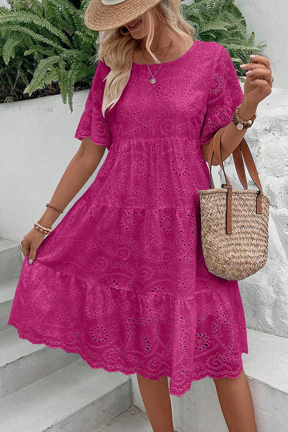 Eyelet Embroidery Ruffle Hem Smock Dress