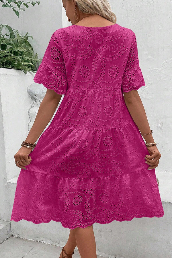 Eyelet Embroidery Ruffle Hem Smock Dress