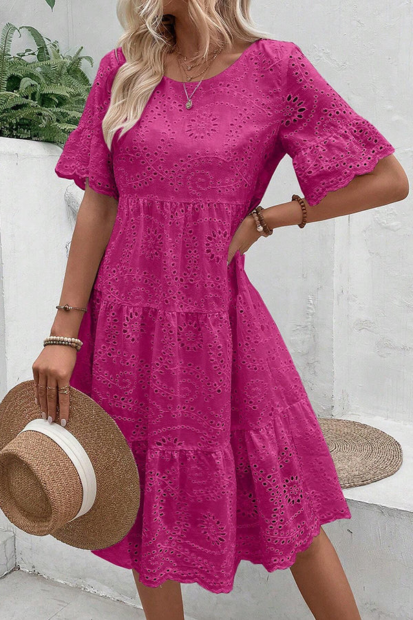 Eyelet Embroidery Ruffle Hem Smock Dress