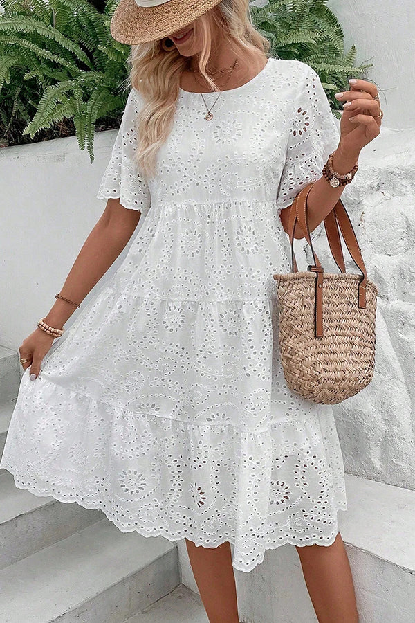 Eyelet Embroidery Ruffle Hem Smock Dress