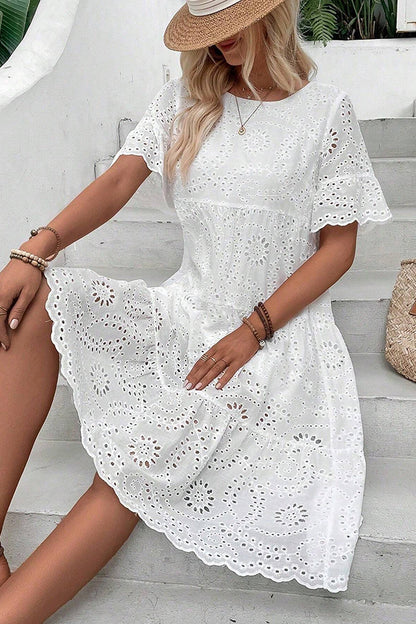 Eyelet Embroidery Ruffle Hem Smock Dress