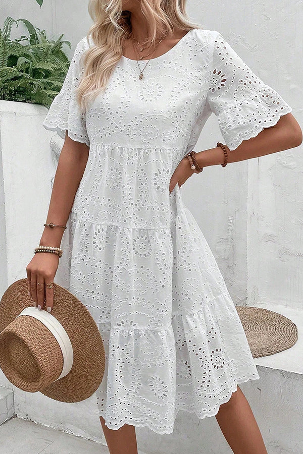 Eyelet Embroidery Ruffle Hem Smock Dress