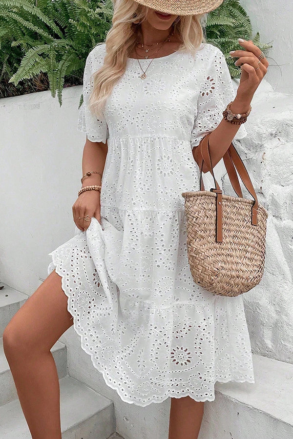 Eyelet Embroidery Ruffle Hem Smock Dress