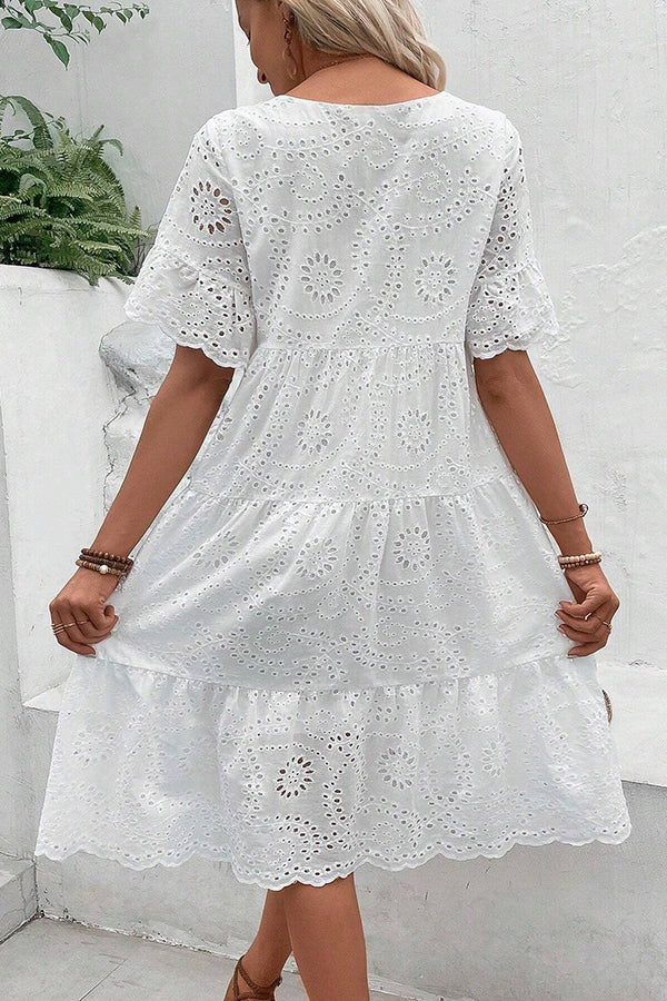 Eyelet Embroidery Ruffle Hem Smock Dress