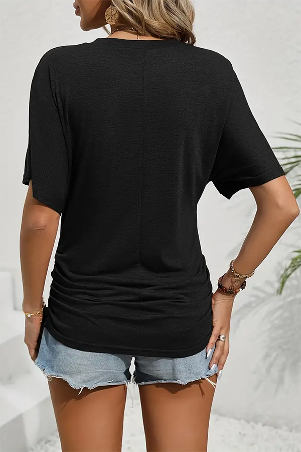 Solid Crew Neck T-shirt, Elegant Short Sleeve Ruched Top For Spring & Summer