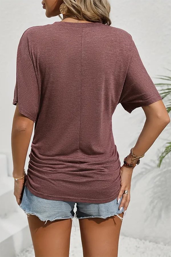 Solid Crew Neck T-shirt, Elegant Short Sleeve Ruched Top For Spring & Summer