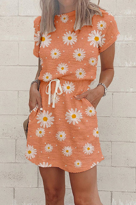 Peach Daisy Elastic Waist Dress