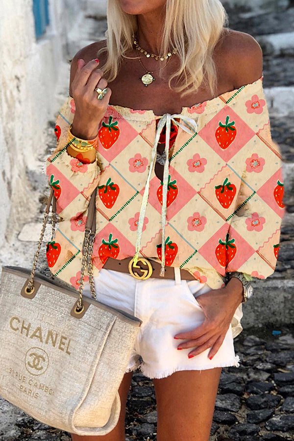 Flower And Strawberry Print Off-Shoulder Blouse