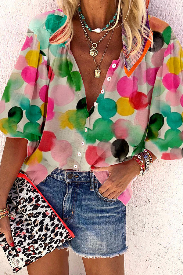 3/4 Sleeves Colorful Polka Dot Print V-Neck Shirt