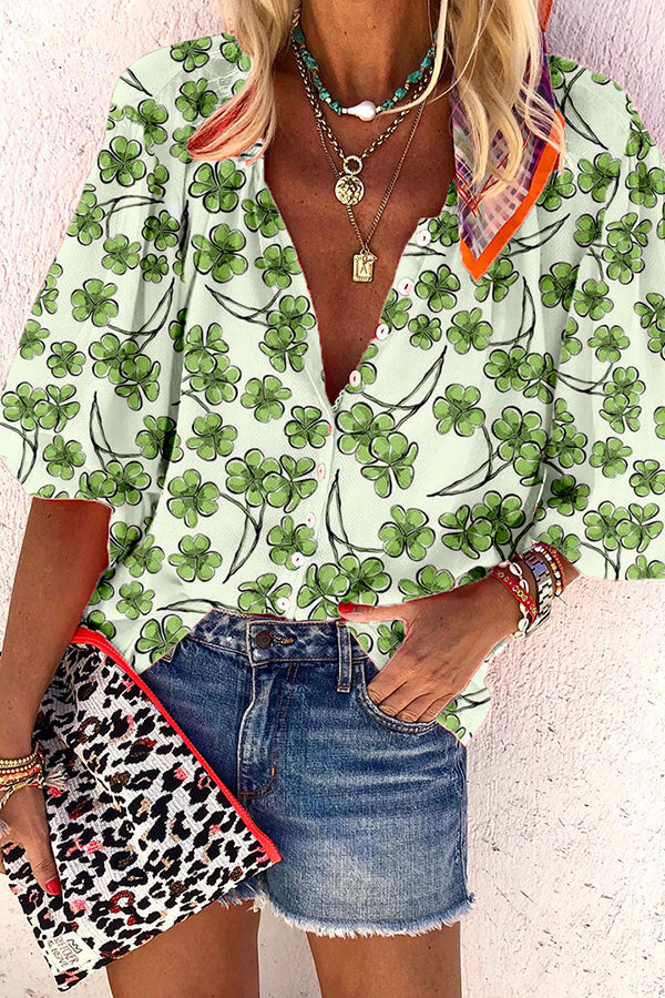 3/4 Sleeve Green Floral Print V-Neck Shirt