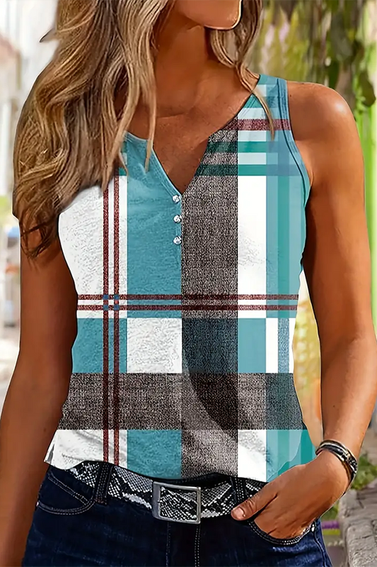 Plaid Pattern Notched V Neck Tank Top