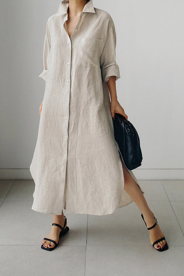 Casual Solid Color Lapel Collar Split-Side Long Sleeves Shirt Dress