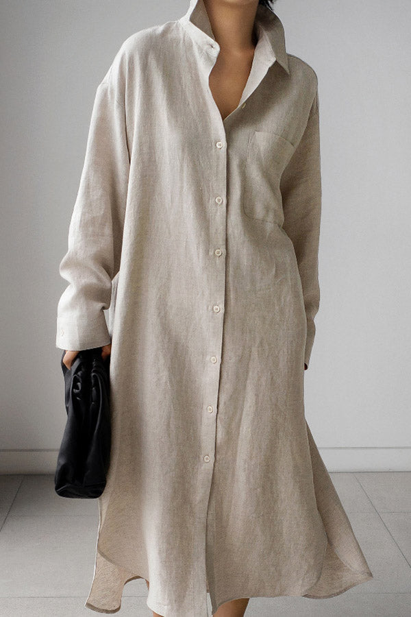 Casual Solid Color Lapel Collar Split-Side Long Sleeves Shirt Dress