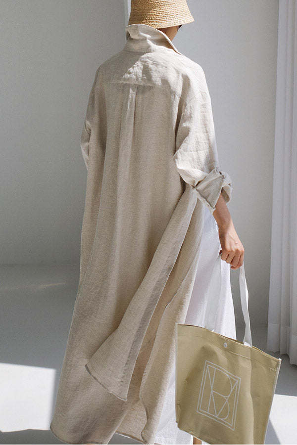 Casual Solid Color Lapel Collar Split-Side Long Sleeves Shirt Dress