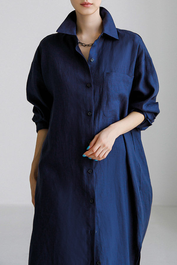 Casual Solid Color Lapel Collar Split-Side Long Sleeves Shirt Dress