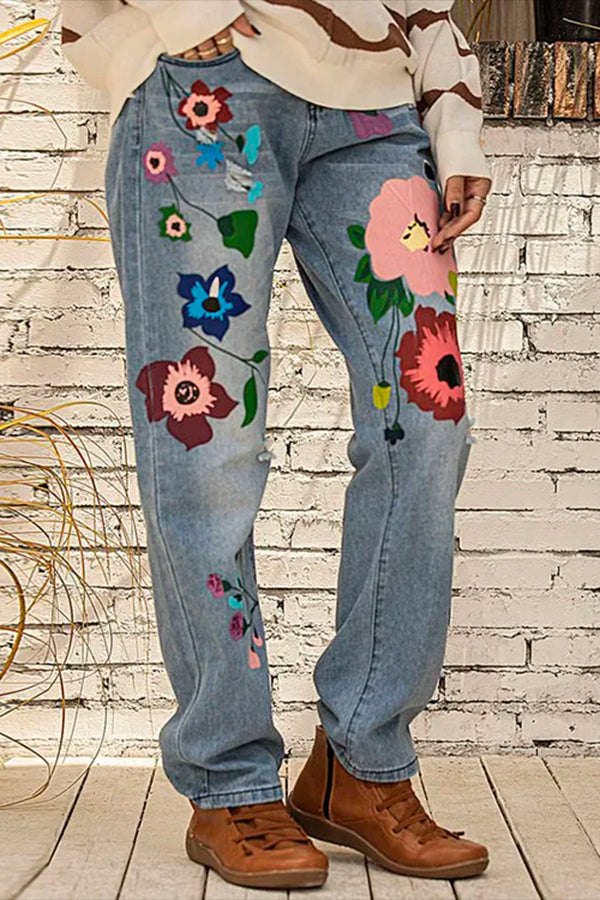 All Season Denim Floral Casual Jeans