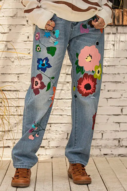 All Season Denim Floral Casual Jeans